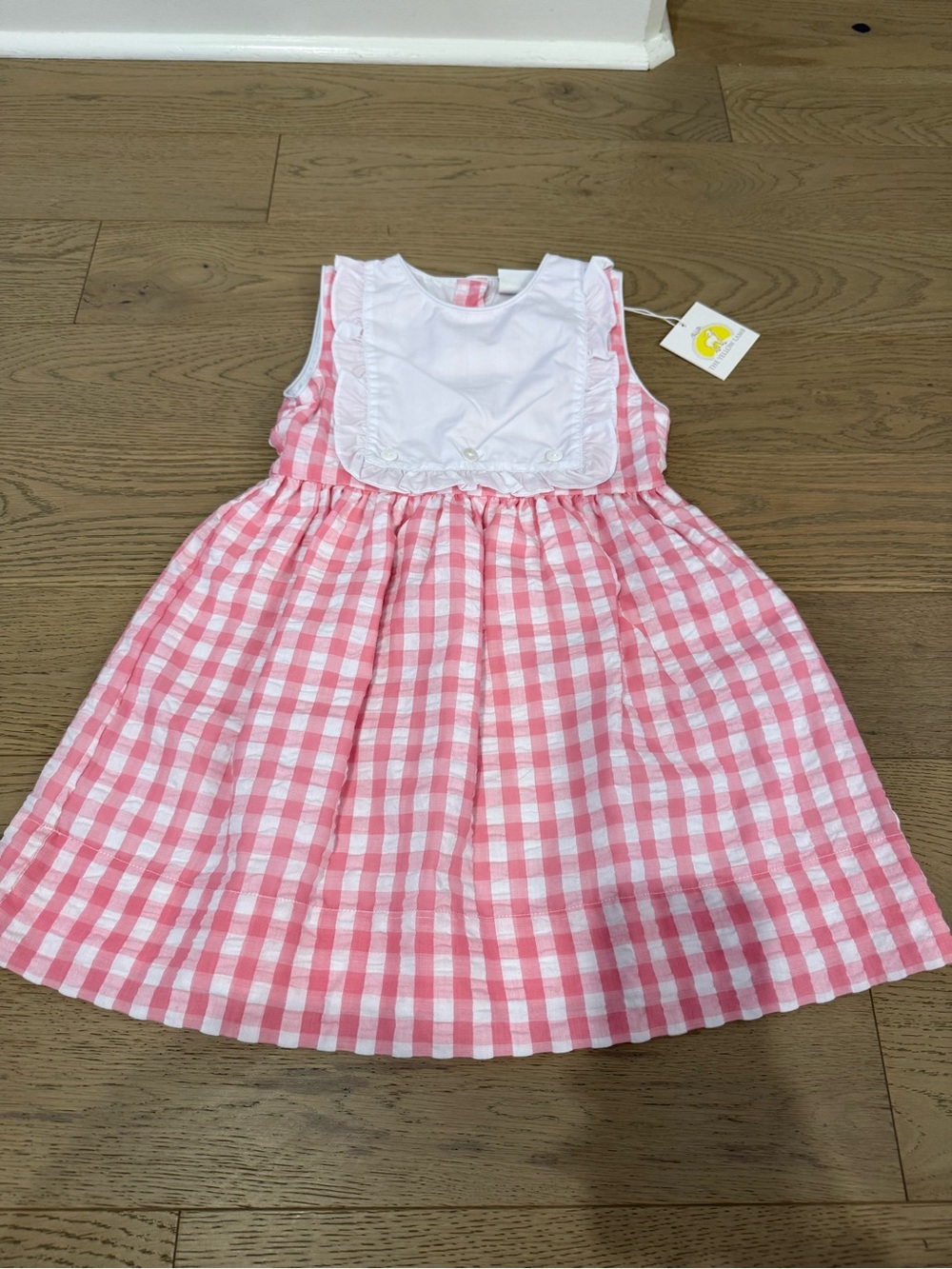 The Yellow Lamb Girls Dress Size 6 Pink White Gingham Check Ruffle Bib NWT
